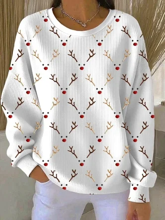 Lien® | Women's oversized Christmas elk embossed knitted sweater with snowman crew neck