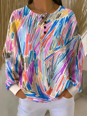 Abstract Print Button Up Casual Waffle Knit Sweatshirt