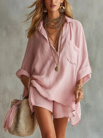 Casual Plain V Neck Two Piece Set
