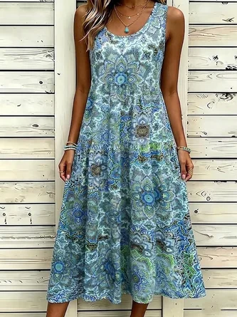 Paisley Loose Crew Neck Boho Dress No