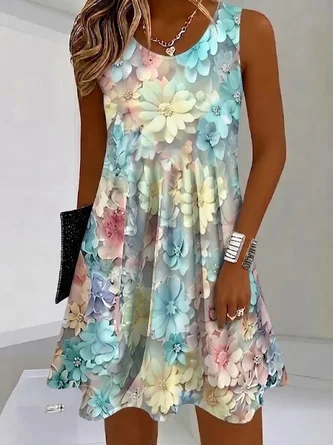 Floral Regular Fit Crew Neck Vacation Dress No