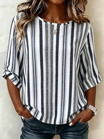 Loose Simple Crew Neck Abstract Stripes Blouse
