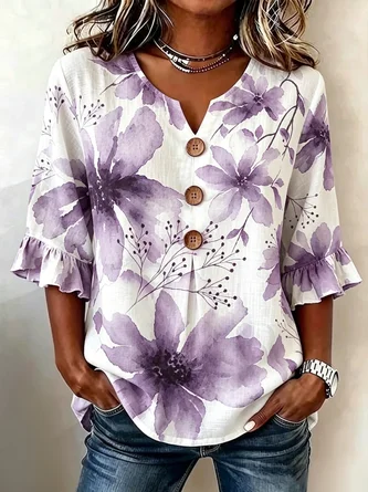 Regular Fit Casual V Neck Plants Blouse