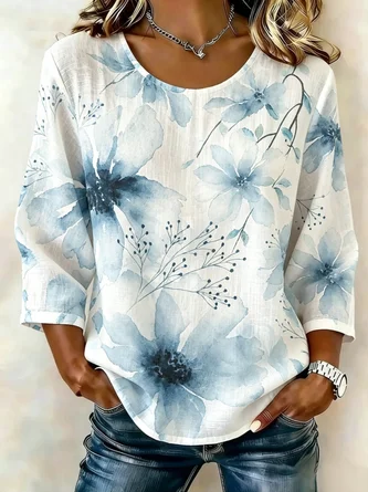 Random Print Crew Neck Elegant Blouse