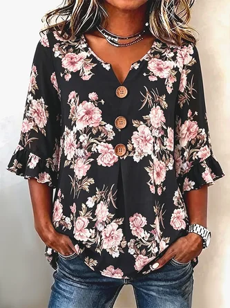 Floral V Neck Elegant Blouse