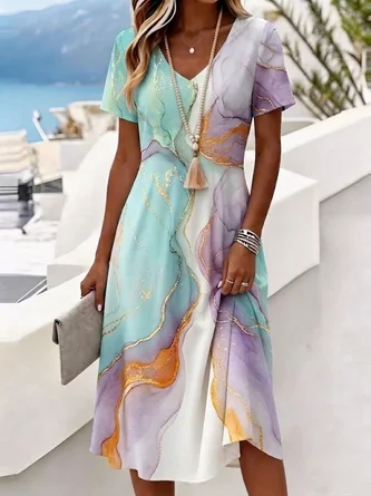 Abstract V Neck Vacation Dress No