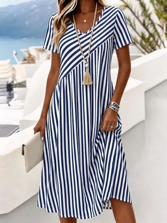 Regular Fit Vacation V Neck Striped Dress No