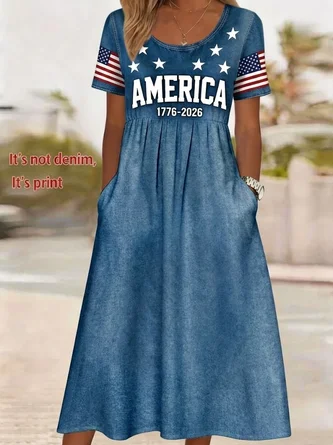 America Flag Crew Neck Casual Dress No