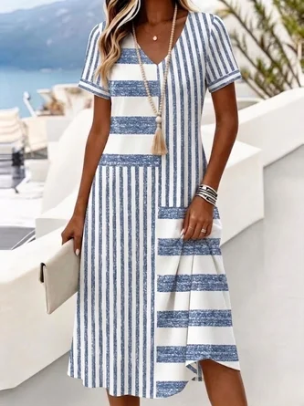 Vacation Striped Regular Fit V Neck Dress No