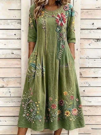 3D Printing Crew Neck Vintage Loose Dress No