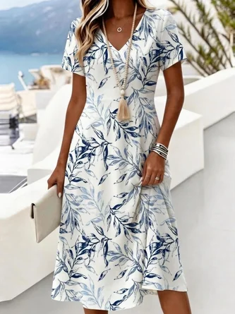 V Neck Vacation Leaf Regular Fit Dress No