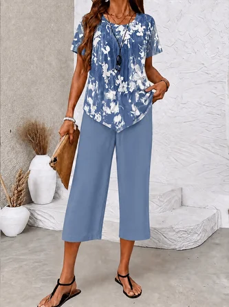 Crew Neck Casual Regular Fit Abstract Graphic Two Piece Set