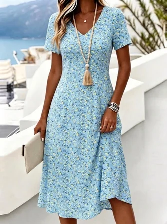 Floral V Neck Regular Fit Casual Dress No