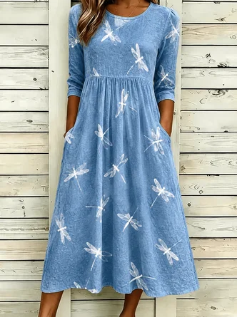 Linen Crew Neck Plain Dress No