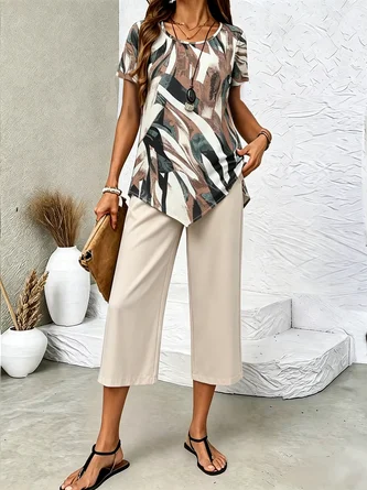 Plain Regular Fit Vacation Two Piece Set
