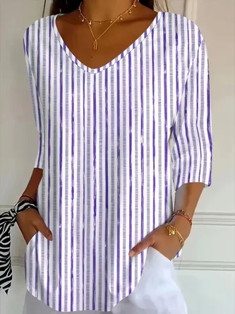 Three Quarter Sleeve T shirt Spring Fall Striped Printing V Neck Daily Going Out Casual Top