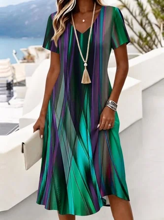 Regular Fit V Neck Casual Abstract Dress No