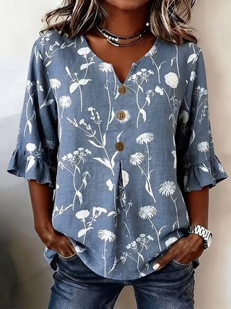 Half Sleeve Blouse Summer Floral Printing V Neck Daily Going Out Vintage Top