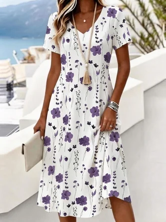Regular Fit V Neck Floral Vacation Dress No