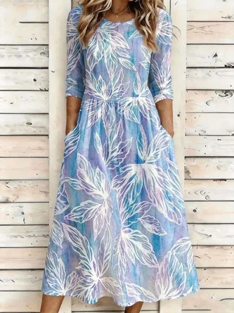 Vacation Loose Floral Crew Neck Dress No