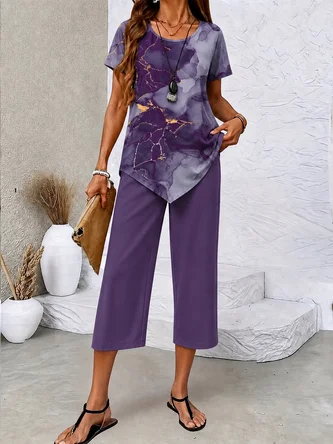 Regular Fit Crew Neck Vacation Two Piece Set
