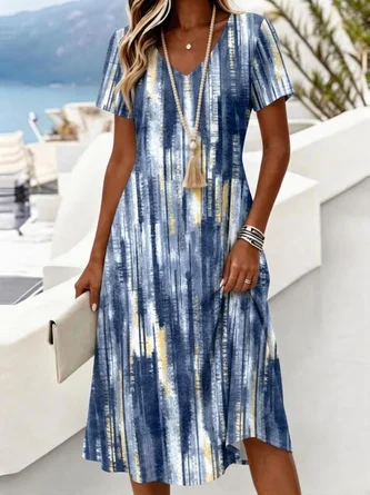 Abstract Casual Regular Fit V Neck Dress No