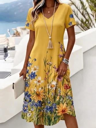 V Neck Floral Casual Regular Fit Dress No