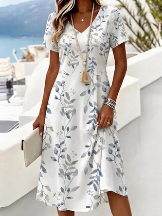 Vacation V Neck Leaf Regular Fit Dress No