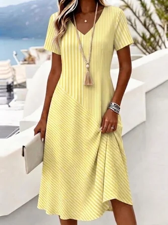 Casual Regular Fit Striped V Neck Dress No