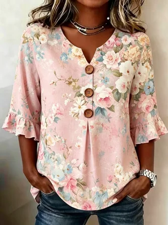 Half Sleeve Blouse Summer Floral Printing V Neck Daily Going Out Vintage Top