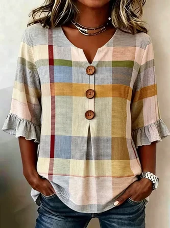 Half Sleeve Blouse Summer As Picture Plaid Printing V Neck Daily Going Out Vintage Top