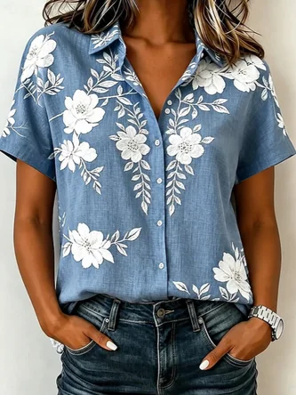 Short Sleeve Shirt Summer Floral Printing Shirt Collar Daily Going Out Casual Top