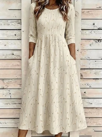 Crew Neck Leaf Casual Dress No