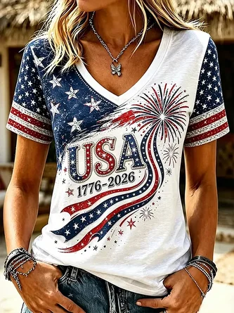 V Neck Regular Fit Independence Day Vintage T Shirt