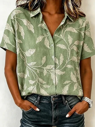 Short Sleeve Shirt Summer Leaf Printing Shirt Collar Daily Going Out Casual Top