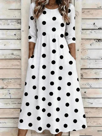 Vacation Polka Dots Crew Neck Loose Dress No