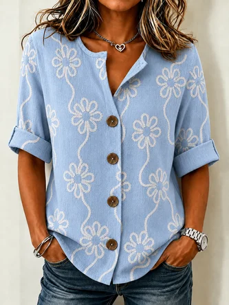 Casual Linen Blend Plain Stand Collar Shirt