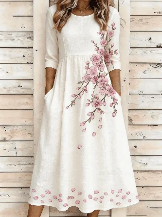 Casual Loose Floral Crew Neck Dress No