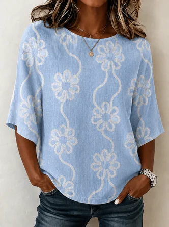 Crew Neck Vintage Loose Plain Blouse