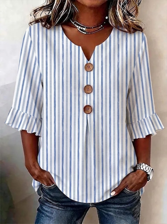 Half Sleeve Blouse Summer Striped Printing V Neck Daily Going Out Vintage Top
