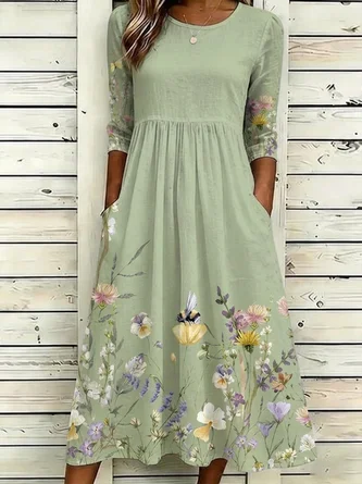 Floral Crew Neck Vacation Dress No