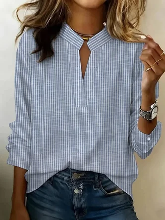 Long Sleeve Blouse Spring Fall Striped Printing V Neck Daily Going Out Vintage Top