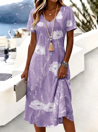 Vacation Floral V Neck Loose Dress No
