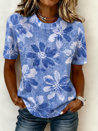 Floral Pattern Crew Neck Simple Regular Fit T Shirt