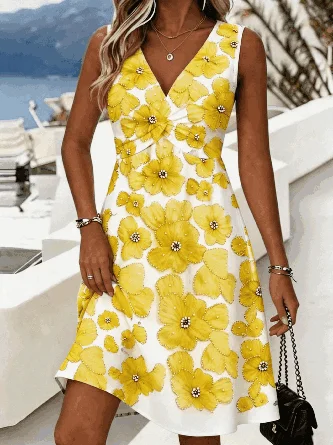 Vacation Regular Fit V Neck 3D Printing Dress No