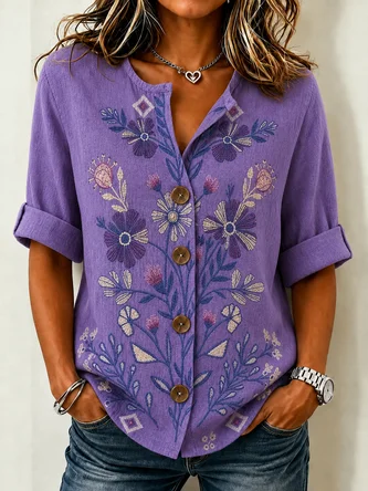 Loose Stand Collar Simple Linen Blend Shirt