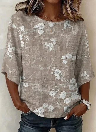 Crew Neck Vintage Floral Blouse