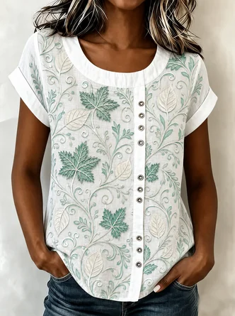 Crew Neck Linen Blend Casual Polka Dots Blouse