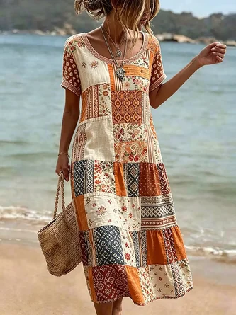 Crew Neck Boho Block Dress No