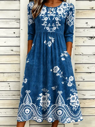 Vacation 3D Printing Linen Blend Crew Neck Dress No